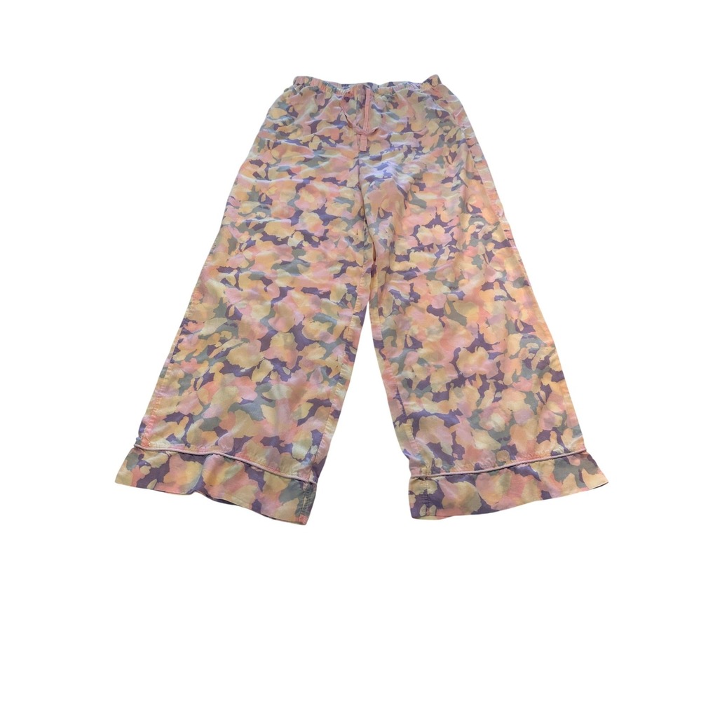 Womens Watercolor Floral Pajama Pants Pink Yellow Abstract Ruffle Hem Lounge M